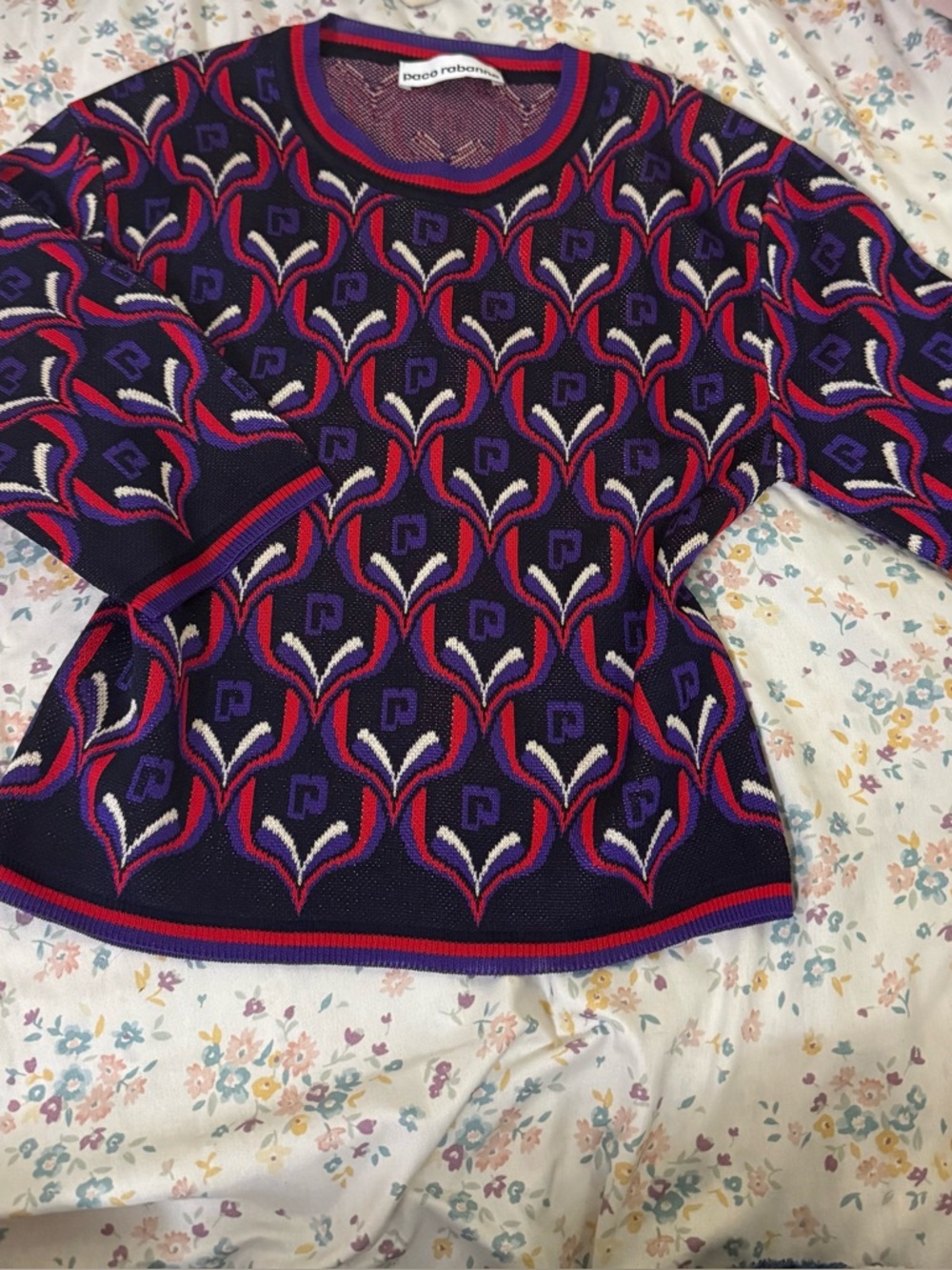 Paco Rabanne Navy Purple Red Patterned Crewneck Sweater